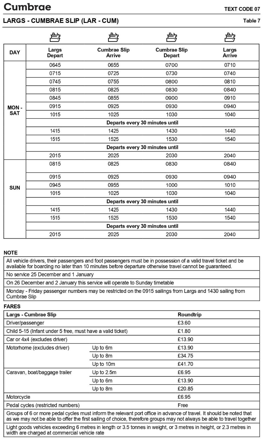 Cumbrae Winter 2023 Ferry Timetable
