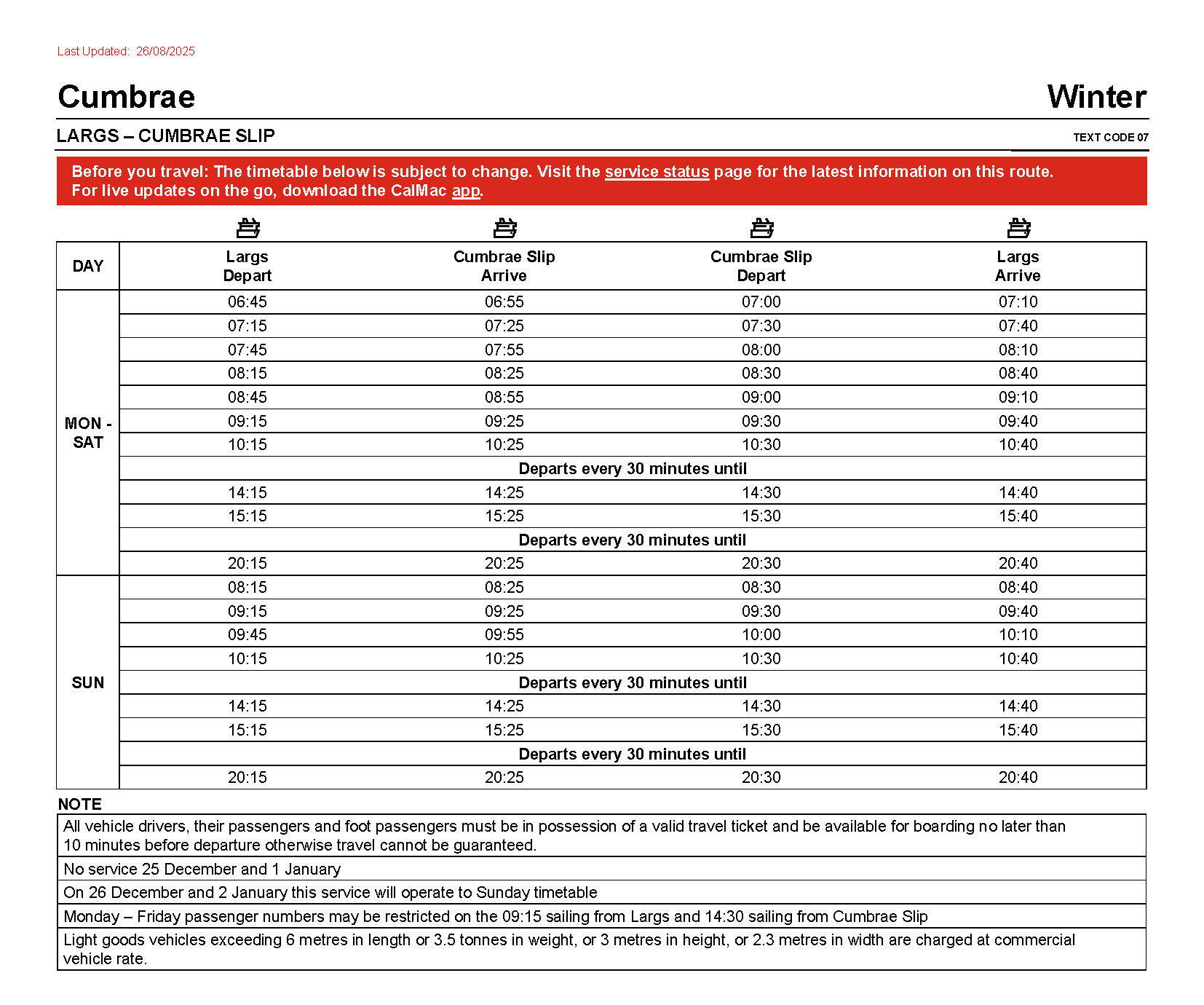 Largs - Cumbrae Winter 2025-26 Ferry Timetable