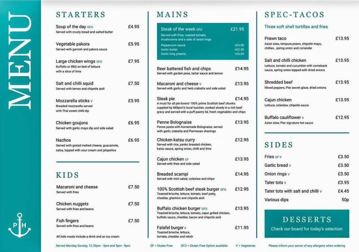 Pier Hotel Millport Menu