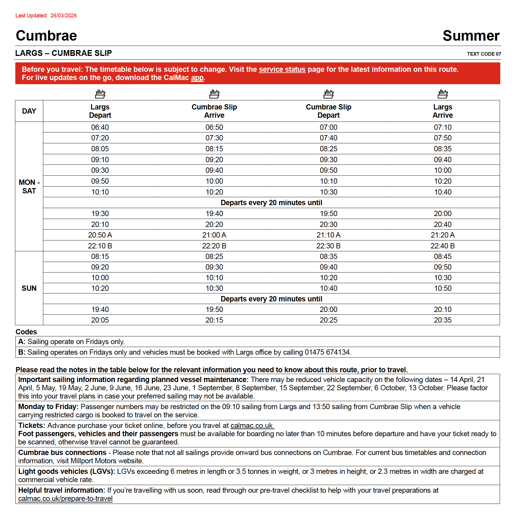 Largs - Cumbrae Summer 2026 Ferry Timetable FINAL