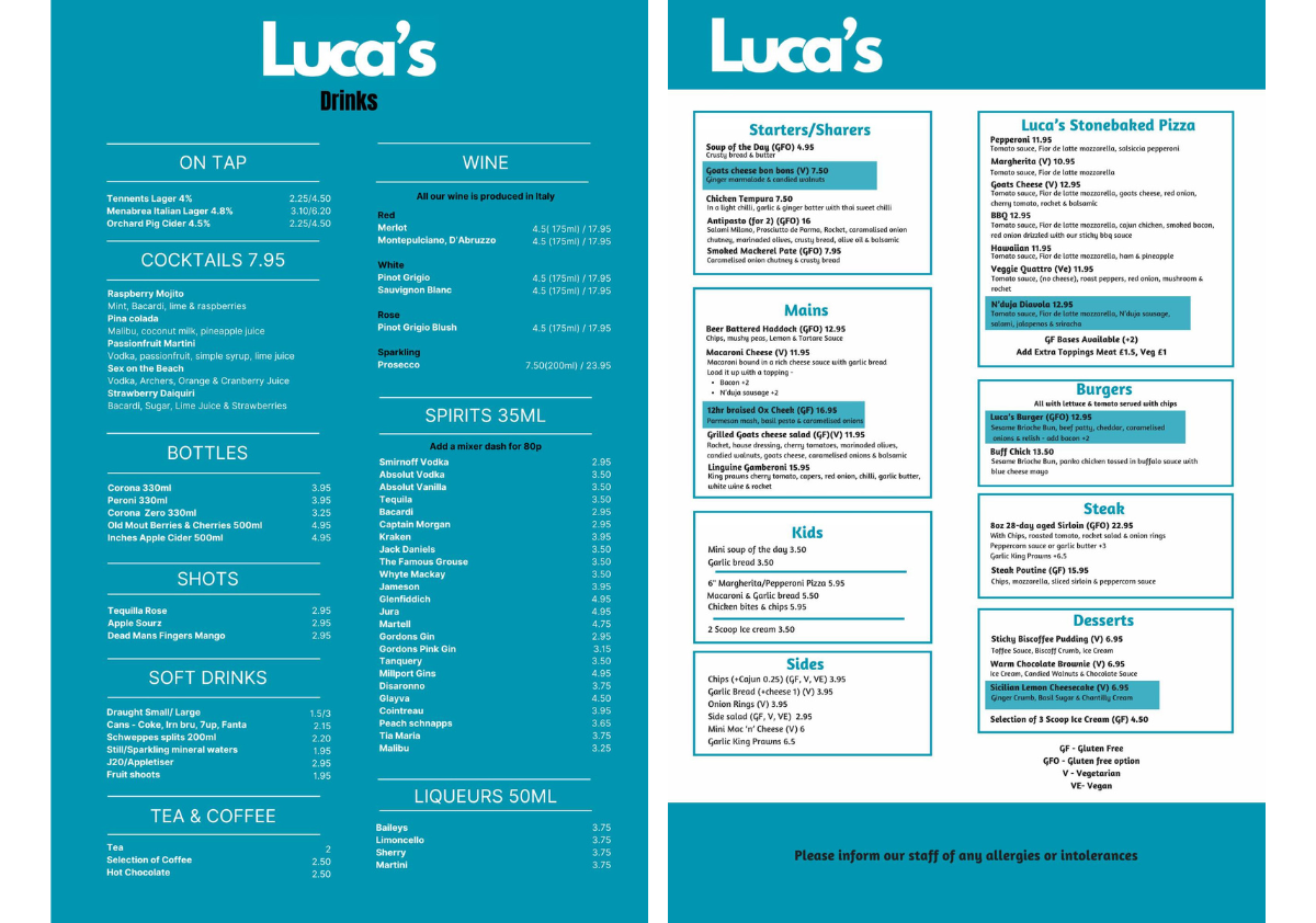 Luca's Millport Menu